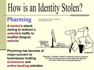 A  hacker 's attack aiming to redirect a  website 's traffic to another (bogus)  website .  Pharming Pharming has become of major concern to businesses hosting  ecommerce  and  online banking  websites  How is an Identity Stolen? 
