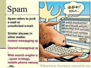 Spam Spam refers to junk e-mail or unsolicited e-mail. Similar abuses in other media:  instant messaging spam ,  Usenet newsgroup spam ,  Web search engine spam ,  spam in  blogs ,  mobile phone messaging spam , etc. 