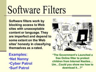 Software Filters Software filters work by blocking access to Web sites with unacceptable content or language. They are imperfect and depend to some extent on the Web sites' honesty in classifying themselves as x-rated.  Examples: Net Nanny Cyber Patrol Surf Patrol “ The Government’s Launched a free Online filter to protect children from Internet Nasties…Um…Could you show me how to download it…?” 