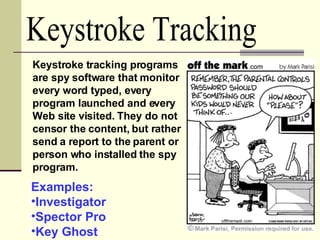 Keystroke Tracking Keystroke tracking programs are spy software that monitor every word typed, every program launched and every Web site visited. They do not censor the content, but rather send a report to the parent or person who installed the spy program.  Examples: Investigator Spector Pro Key Ghost 