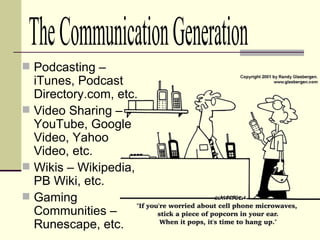 Podcasting – iTunes, Podcast Directory.com, etc. Video Sharing – YouTube, Google Video, Yahoo Video, etc. Wikis – Wikipedia, PB Wiki, etc. Gaming Communities – Runescape, etc. The Communication Generation 