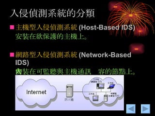 入侵偵測系統的分類 主機型入侵偵測系統 (Host-Based IDS) 安裝在欲保護的主機上。 網路型入侵偵測系統 (Network-Based IDS) 安裝在可監聽與主機通訊內容的節點上。 