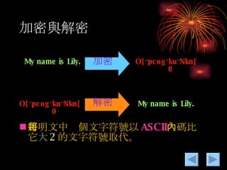 加密與解密 My name is Lily. My name is Lily. O{ " pcog " ku " Nkn{0 O{ " pcog " ku " Nkn{0 加密 解密 將明文中每個文字符號以 ASCII 內碼 比它 大 2 的文字符號取代。 