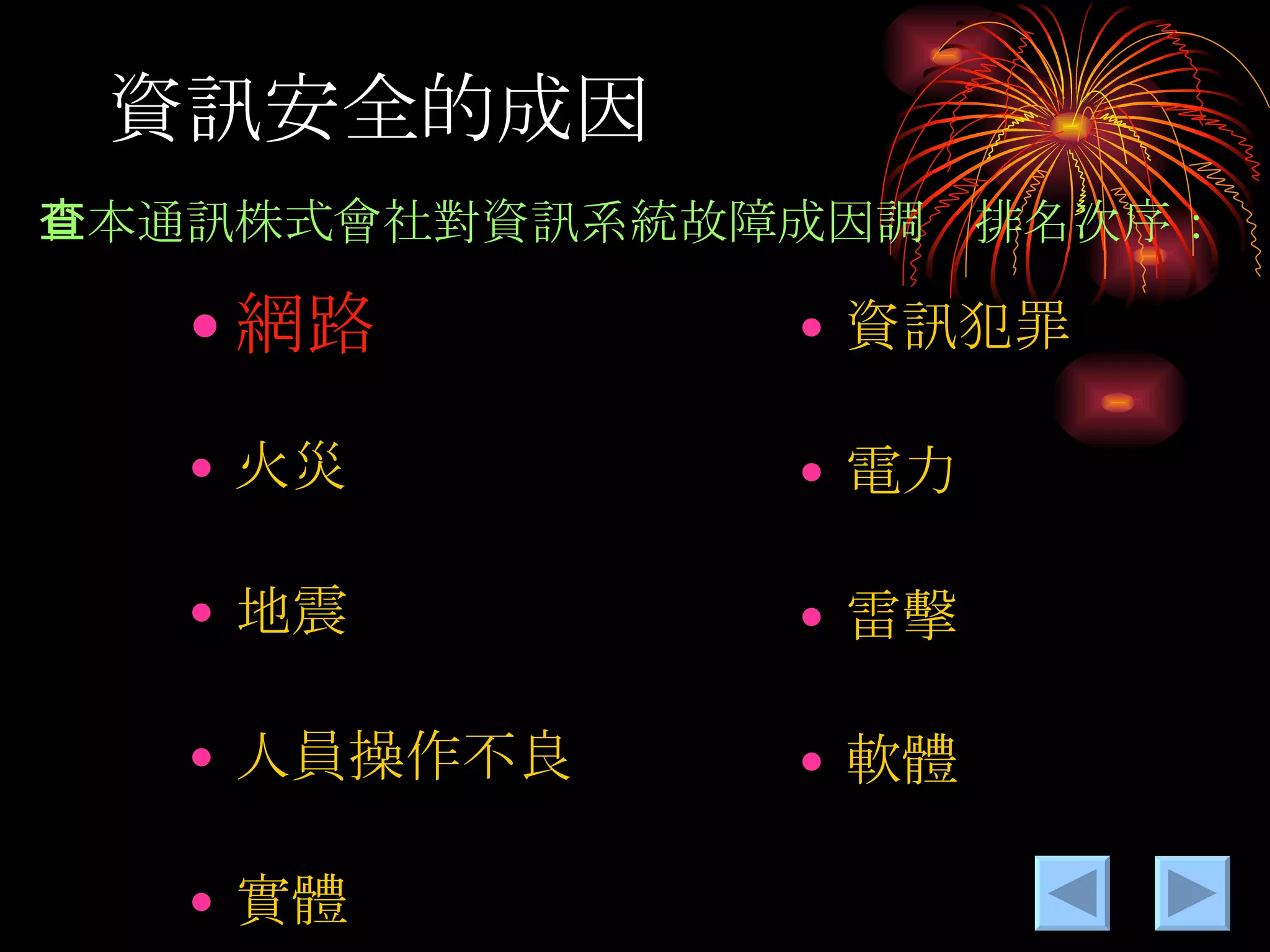 資訊安全的成因 日本通訊株式會社對資訊系統故障成因調查排名次序： 網路 火災 地震 人員操作不良 實體 資訊犯罪 電力 雷擊 軟體 