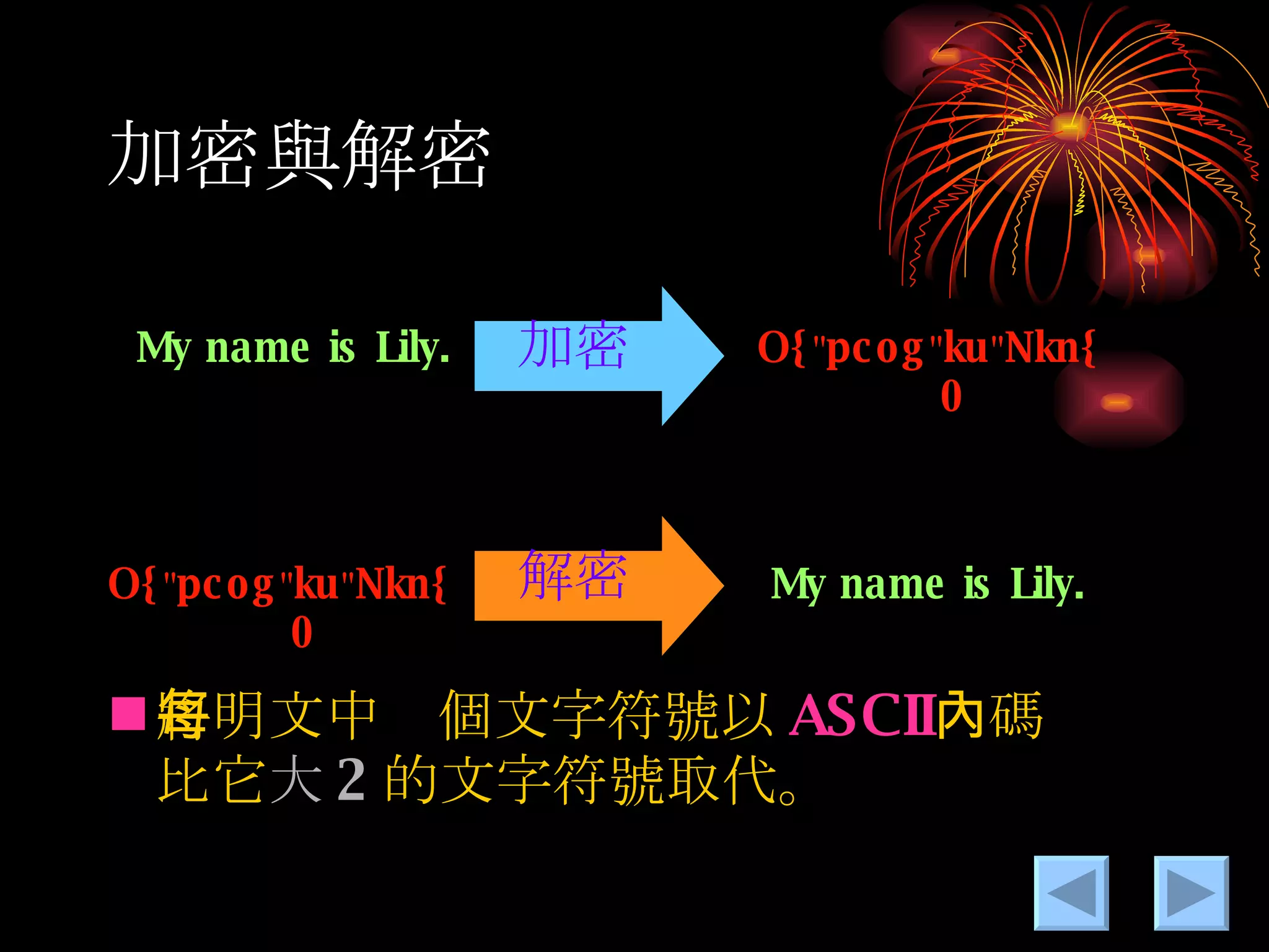 加密與解密 My name is Lily. My name is Lily. O{ " pcog " ku " Nkn{0 O{ " pcog " ku " Nkn{0 加密 解密 將明文中每個文字符號以 ASCII 內碼 比它 大 2 的文字符號取代。 