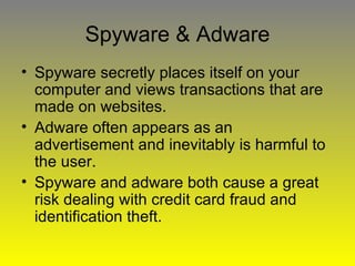 Spyware & Adware Spyware secretly places itself on your computer and views transactions that are made on websites. Adware often appears as an advertisement and inevitably is harmful to the user. Spyware and adware both cause a great risk dealing with credit card fraud and identification theft. 