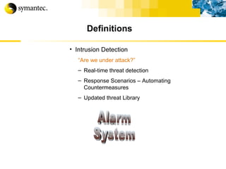 Definitions Intrusion Detection “ Are we under attack?” Real-time threat detection Response Scenarios – Automating Countermeasures Updated threat Library Alarm System 