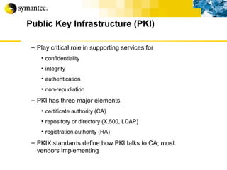 Public Key Infrastructure (PKI) Play critical role in supporting services for confidentiality integrity authentication non-repudiation PKI has three major elements certificate authority (CA) repository or directory (X.500, LDAP) registration authority (RA) PKIX standards define how PKI talks to CA; most vendors implementing 