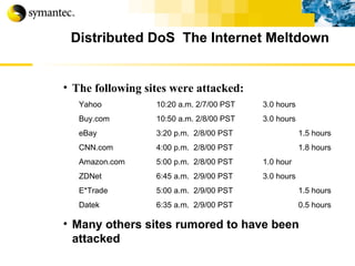 Distributed DoS  The Internet Meltdown The following sites were attacked: Yahoo   10:20 a.m. 2/7/00 PST 3.0 hours Buy.com 10:50 a.m. 2/8/00 PST 3.0 hours eBay 3:20 p.m.  2/8/00 PST 1.5 hours CNN.com 4:00 p.m.  2/8/00 PST 1.8 hours Amazon.com 5:00 p.m.  2/8/00 PST  1.0 hour ZDNet 6:45 a.m.  2/9/00 PST  3.0 hours E*Trade 5:00 a.m.  2/9/00 PST 1.5 hours Datek 6:35 a.m.  2/9/00 PST 0.5 hours Many others sites rumored to have been attacked 