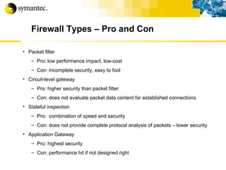Firewall Types – Pro and Con Packet filter Pro: low performance impact, low-cost Con: incomplete security, easy to fool Circuit-level gateway Pro: higher security than packet filter Con: does not evaluate packet data content for established connections Stateful inspection Pro:  combination of speed and security Con: does not provide complete protocol analysis of packets – lower security Application Gateway Pro: highest security Con: performance hit if not designed right 