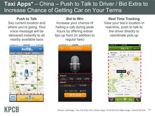 Taxi Apps* – China – Push to Talk to Driver / Bid Extra to
Increase Chance of Getting Car on Your Terms
71
Push to Talk
Say current location and
where you’re going. Your
voice message will be
delivered instantly to all
nearby available taxis
Bid to Win
Increase your chance of
hailing a cab during peak
hours by offering extras
tips up front (in addition to
regular fare)
Real Time Tracking
View your taxi’s location in
real-time, push to talk to
the driver directly to
coordinate pick-up
*Source: Left image - Yao Yao Zhao Che; Center image – Di Di Da Che; Right image – Kuai Di Da Che.
 