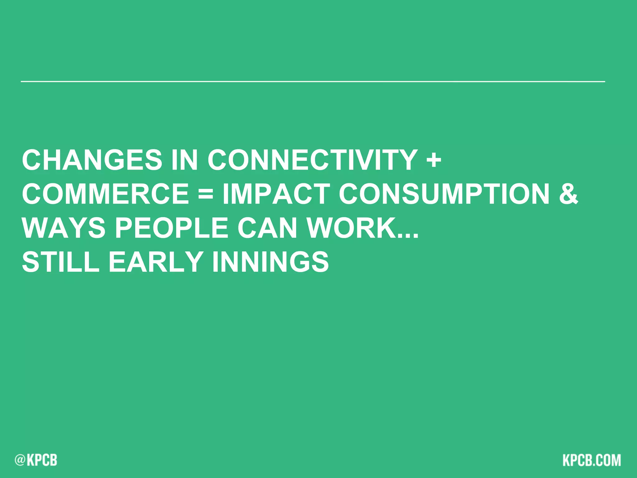 CHANGES IN CONNECTIVITY +
COMMERCE = IMPACT CONSUMPTION &
WAYS PEOPLE CAN WORK...
STILL EARLY INNINGS
 