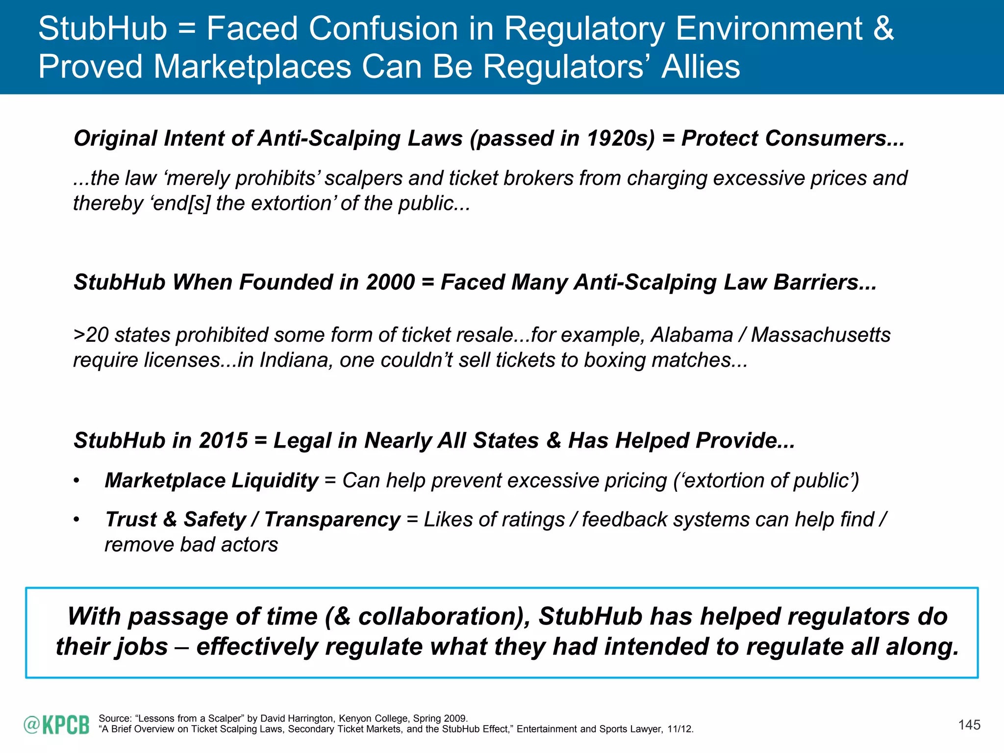 145
StubHub = Faced Confusion in Regulatory Environment &
Proved Marketplaces Can Be Regulators’ Allies
Source: “Lessons from a Scalper” by David Harrington, Kenyon College, Spring 2009.
“A Brief Overview on Ticket Scalping Laws, Secondary Ticket Markets, and the StubHub Effect,” Entertainment and Sports Lawyer, 11/12.
Original Intent of Anti-Scalping Laws (passed in 1920s) = Protect Consumers...
...the law ‘merely prohibits’ scalpers and ticket brokers from charging excessive prices and
thereby ‘end[s] the extortion’ of the public...
StubHub When Founded in 2000 = Faced Many Anti-Scalping Law Barriers...
>20 states prohibited some form of ticket resale...for example, Alabama / Massachusetts
require licenses...in Indiana, one couldn’t sell tickets to boxing matches...
StubHub in 2015 = Legal in Nearly All States & Has Helped Provide...
• Marketplace Liquidity = Can help prevent excessive pricing (‘extortion of public’)
• Trust & Safety / Transparency = Likes of ratings / feedback systems can help find /
remove bad actors
With passage of time (& collaboration), StubHub has helped regulators do
their jobs – effectively regulate what they had intended to regulate all along.
 