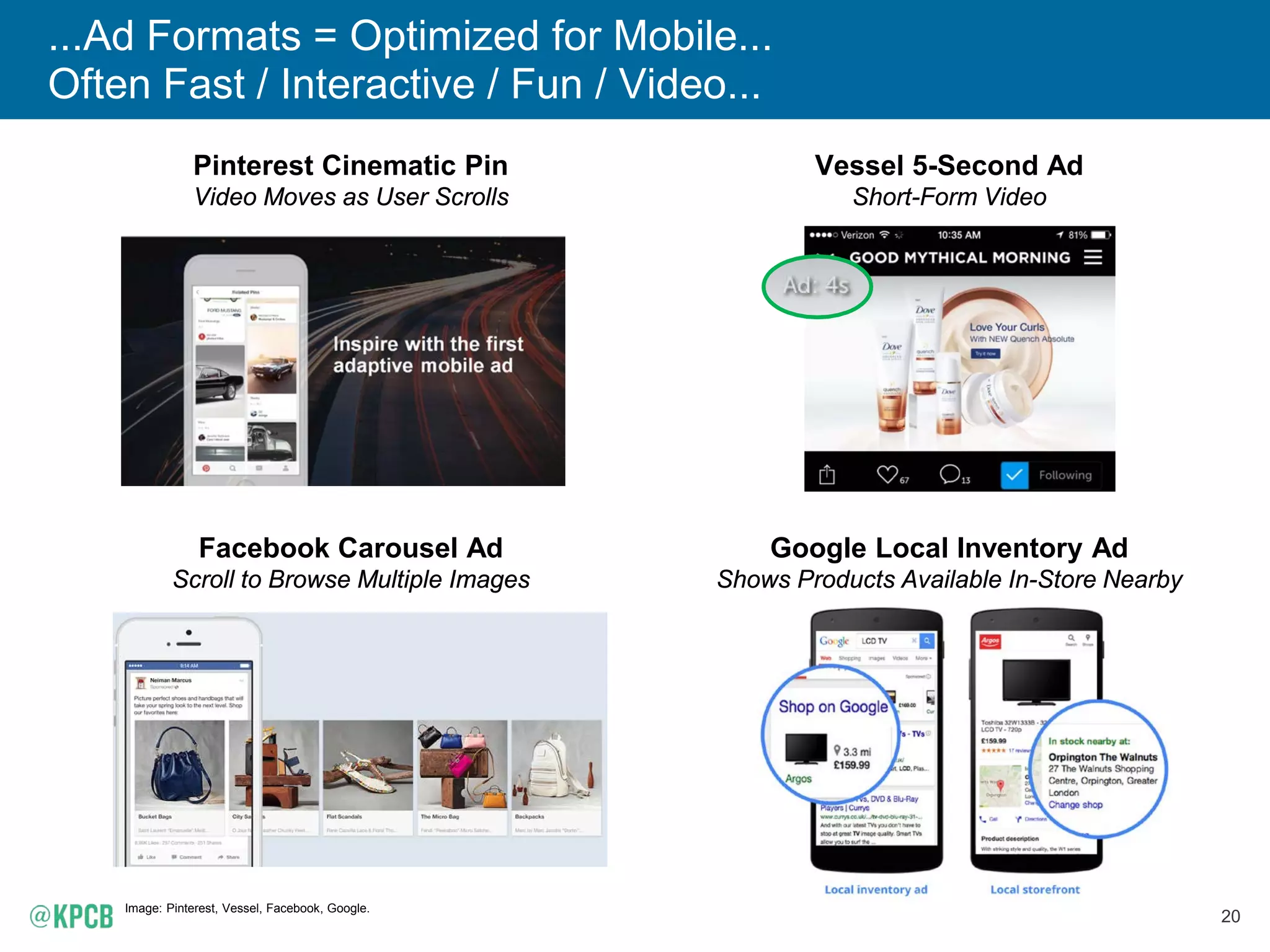 20
...Ad Formats = Optimized for Mobile...
Often Fast / Interactive / Fun / Video...
Image: Pinterest, Vessel, Facebook, Google.
Pinterest Cinematic Pin
Video Moves as User Scrolls
Google Local Inventory Ad
Shows Products Available In-Store Nearby
Facebook Carousel Ad
Scroll to Browse Multiple Images
Vessel 5-Second Ad
Short-Form Video
 