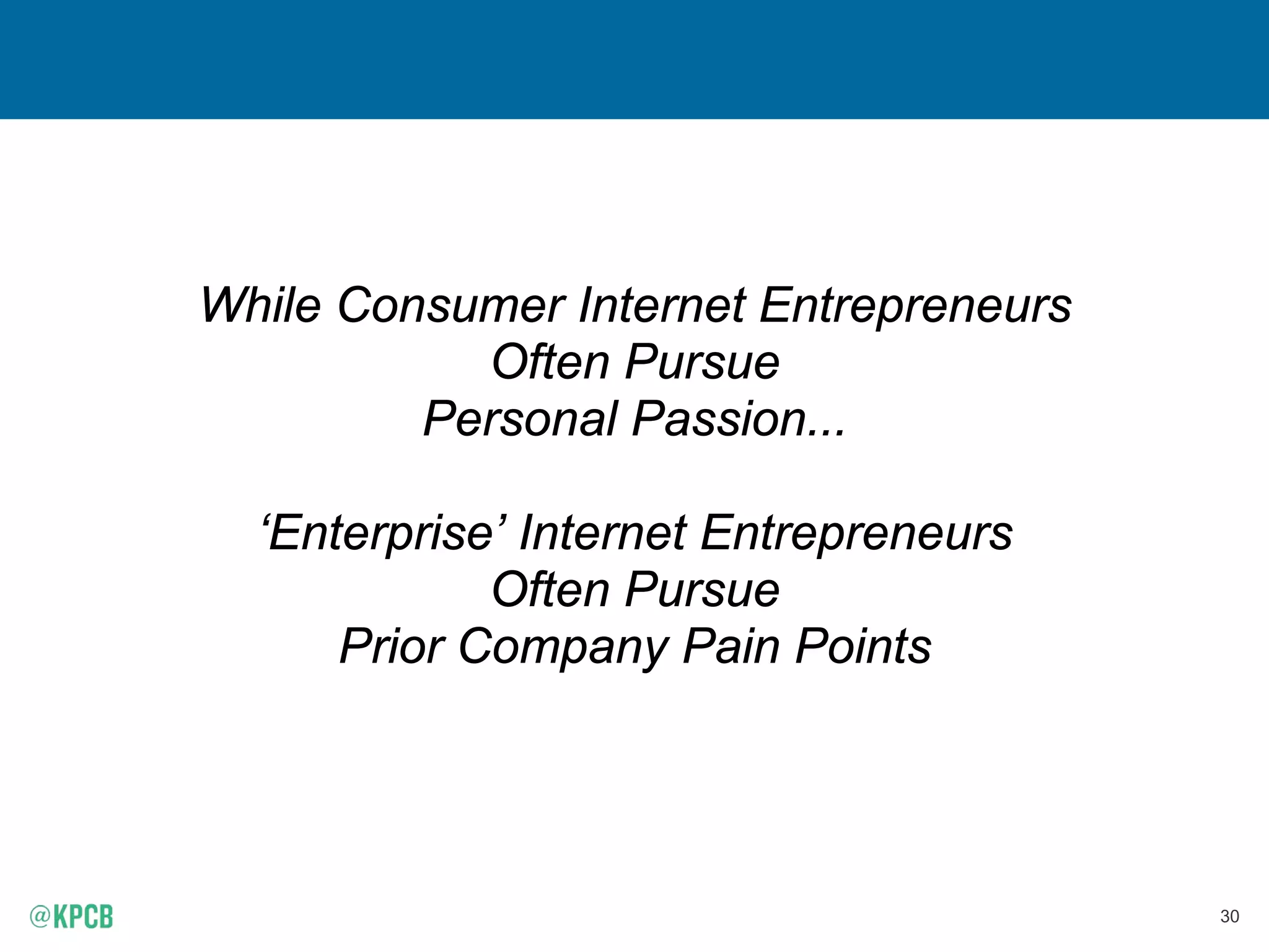 30
While Consumer Internet Entrepreneurs
Often Pursue
Personal Passion...
‘Enterprise’ Internet Entrepreneurs
Often Pursue
Prior Company Pain Points
 