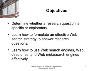 Objectives Determine whether a research question is specific or exploratory. Learn how to formulate an effective Web search strategy to answer research questions. Learn how to use Web search engines, Web directories, and Web metasearch engines effectively. 