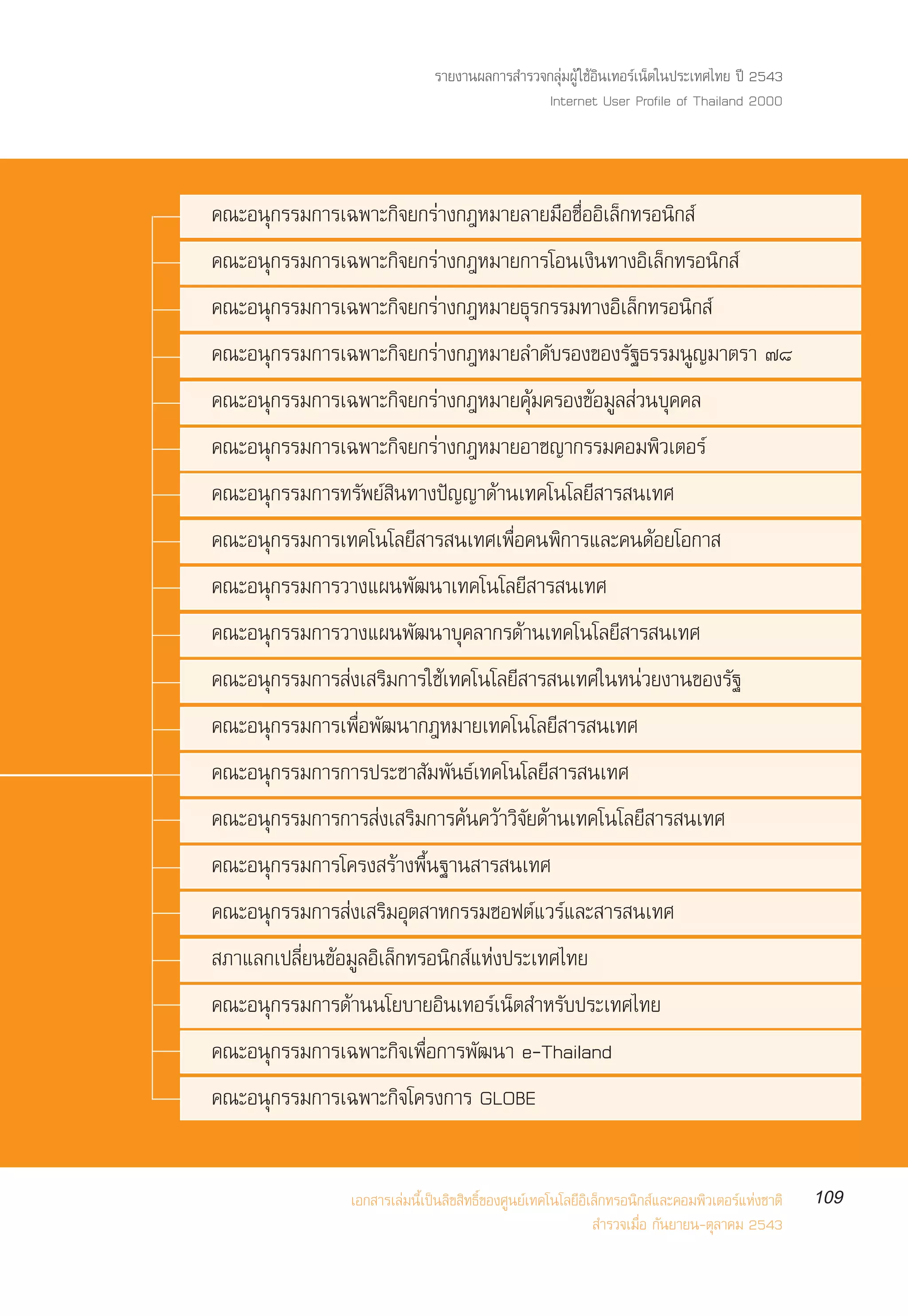 √“¬ß“πº≈°“√ ”√«®°≈ÿà¡ºŸâ „™âÕ‘π‡∑Õ√å‡πÁµ„πª√–‡∑»‰∑¬ ªï 2543
                                                Internet User Profile of Thailand 2000




§≥–Õπÿ°√√¡°“√‡©æ“–°‘®¬°√à“ß°ÆÀ¡“¬≈“¬¡◊Õ™◊ËÕÕ‘‡≈Á°∑√Õπ‘° å
§≥–Õπÿ°√√¡°“√‡©æ“–°‘®¬°√à“ß°ÆÀ¡“¬°“√‚Õπ‡ß‘π∑“ßÕ‘‡≈Á°∑√Õπ‘° å
§≥–Õπÿ°√√¡°“√‡©æ“–°‘®¬°√à“ß°ÆÀ¡“¬∏ÿ√°√√¡∑“ßÕ‘‡≈Á°∑√Õπ‘° å
§≥–Õπÿ°√√¡°“√‡©æ“–°‘®¬°√à“ß°ÆÀ¡“¬≈”¥—∫√Õß¢Õß√—∞∏√√¡πŸ≠¡“µ√“ ˜¯
§≥–Õπÿ°√√¡°“√‡©æ“–°‘®¬°√à“ß°ÆÀ¡“¬§ÿâ¡§√Õß¢âÕ¡Ÿ≈ à«π∫ÿ§§≈
§≥–Õπÿ°√√¡°“√‡©æ“–°‘®¬°√à“ß°ÆÀ¡“¬Õ“™≠“°√√¡§Õ¡æ‘«‡µÕ√å
§≥–Õπÿ°√√¡°“√∑√—æ¬å ‘π∑“ßªí≠≠“¥â“π‡∑§‚π‚≈¬’ “√ π‡∑»
§≥–Õπÿ°√√¡°“√‡∑§‚π‚≈¬’ “√ π‡∑»‡æ◊ËÕ§πæ‘°“√·≈–§π¥âÕ¬‚Õ°“ 
§≥–Õπÿ°√√¡°“√«“ß·ºπæ—≤π“‡∑§‚π‚≈¬’ “√ π‡∑»
§≥–Õπÿ°√√¡°“√«“ß·ºπæ—≤π“∫ÿ§≈“°√¥â“π‡∑§‚π‚≈¬’ “√ π‡∑»
§≥–Õπÿ°√√¡°“√ àß‡ √‘¡°“√„™â‡∑§‚π‚≈¬’ “√ π‡∑»„πÀπà«¬ß“π¢Õß√—∞
§≥–Õπÿ°√√¡°“√‡æ◊ËÕæ—≤π“°ÆÀ¡“¬‡∑§‚π‚≈¬’ “√ π‡∑»
§≥–Õπÿ°√√¡°“√°“√ª√–™“ —¡æ—π∏å‡∑§‚π‚≈¬’ “√ π‡∑»
§≥–Õπÿ°√√¡°“√°“√ àß‡ √‘¡°“√§âπ§«â“«‘®—¬¥â“π‡∑§‚π‚≈¬’ “√ π‡∑»
§≥–Õπÿ°√√¡°“√‚§√ß √â“ßæ◊Èπ∞“π “√ π‡∑»
§≥–Õπÿ°√√¡°“√ àß‡ √‘¡Õÿµ “À°√√¡´Õøµå·«√å·≈– “√ π‡∑»
 ¿“·≈°‡ª≈’Ë¬π¢âÕ¡Ÿ≈Õ‘‡≈Á°∑√Õπ‘° å·Ààßª√–‡∑»‰∑¬
§≥–Õπÿ°√√¡°“√¥â“ππ‚¬∫“¬Õ‘π‡∑Õ√å‡πÁµ ”À√—∫ª√–‡∑»‰∑¬
§≥–Õπÿ°√√¡°“√‡©æ“–°‘®‡æ◊ËÕ°“√æ—≤π“ e-Thailand
§≥–Õπÿ°√√¡°“√‡©æ“–°‘®‚§√ß°“√ GLOBE


                 ‡Õ° “√‡≈à¡π’È‡ªìπ≈‘¢ ‘∑∏‘Ï¢Õß»Ÿπ¬å‡∑§‚π‚≈¬’Õ‘‡≈Á°∑√Õπ‘° å·≈–§Õ¡æ‘«‡µÕ√å·Ààß™“µ‘   109
                                                                ”√«®‡¡◊ËÕ °—π¬“¬π-µÿ≈“§¡ 2543
 