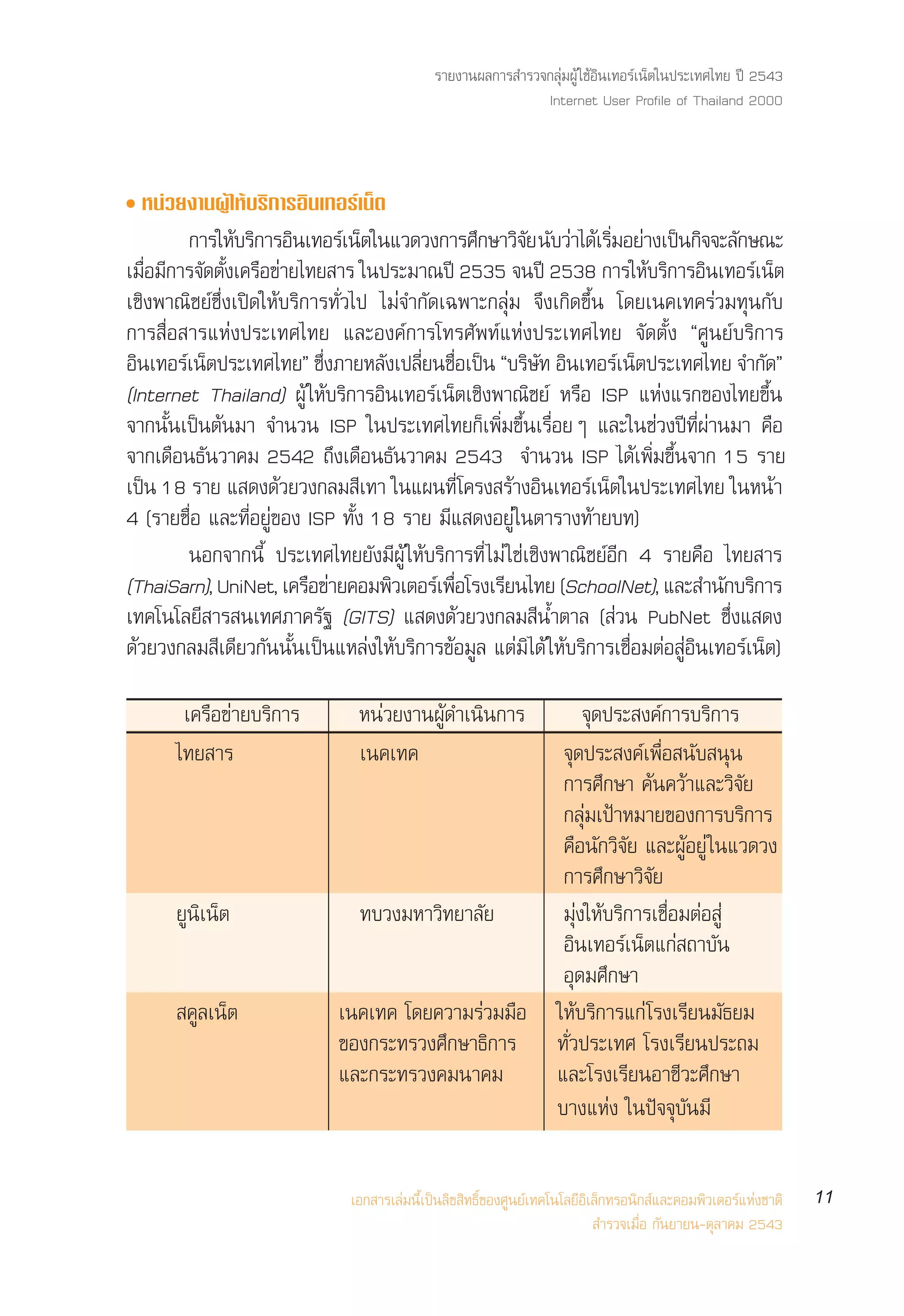 √“¬ß“πº≈°“√ ”√«®°≈ÿà¡ºŸâ „™âÕ‘π‡∑Õ√å‡πÁµ„πª√–‡∑»‰∑¬ ªï 2543
                                                             Internet User Profile of Thailand 2000



ë Àπà«¬ß“πºŸâ„Àâ∫√‘°“√Õ‘π‡∑Õ√å‡πÁµ
          °“√„À∫√°“√Õπ‡∑Õ√‡å πµ„π·«¥«ß°“√»°…“«®¬ π∫«“‰¥‡â √¡Õ¬“ß‡ªπ°®®–≈°…≥–
                 â ‘ ‘           Á              ÷ ‘ — — à ‘Ë à ì ‘ —
‡¡◊ËÕ¡’°“√®—¥µ—Èß‡§√◊Õ¢à“¬‰∑¬ “√ „πª√–¡“≥ªï 2535 ®πªï 2538 °“√„Àâ∫√‘°“√Õ‘π‡∑Õ√å‡πÁµ
‡™‘ßæ“≥‘™¬å´÷Ëß‡ªî¥„Àâ∫√‘°“√∑—Ë«‰ª ‰¡à®”°—¥‡©æ“–°≈ÿà¡ ®÷ß‡°‘¥¢÷Èπ ‚¥¬‡π§‡∑§√à«¡∑ÿπ°—∫
°“√ ◊ËÕ “√·Ààßª√–‡∑»‰∑¬ ·≈–Õß§å°“√‚∑√»—æ∑å·Ààßª√–‡∑»‰∑¬ ®—¥µ—Èß ç»Ÿπ¬å∫√‘°“√
Õπ‡∑Õ√‡πµª√–‡∑»‰∑¬é ´ß¿“¬À≈ß‡ª≈¬π™Õ‡ªπ ç∫√…∑ Õπ‡∑Õ√‡πµª√–‡∑»‰∑¬ ®”°¥é
  ‘      å Á                 Ë÷     — Ë’ Ë◊ ì ‘ — ‘                   å Á                —
(Internet Thailand) ºŸâ „Àâ∫√‘°“√Õ‘π‡∑Õ√å‡πÁµ‡™‘ßæ“≥‘™¬å À√◊Õ ISP ·Ààß·√°¢Õß‰∑¬¢÷Èπ
®“°π—Èπ‡ªìπµâπ¡“ ®”π«π ISP „πª√–‡∑»‰∑¬°Á‡æ‘Ë¡¢÷Èπ‡√◊ËÕ¬Ê ·≈–„π™à«ßªï∑’Ëºà“π¡“ §◊Õ
®“°‡¥◊Õπ∏—π«“§¡ 2542 ∂÷ß‡¥◊Õπ∏—π«“§¡ 2543 ®”π«π ISP ‰¥â‡æ‘Ë¡¢÷Èπ®“° 15 √“¬
‡ªìπ 18 √“¬ · ¥ß¥â«¬«ß°≈¡ ’‡∑“ „π·ºπ∑’Ë‚§√ß √â“ßÕ‘π‡∑Õ√å‡πÁµ„πª√–‡∑»‰∑¬ „πÀπâ“
4 (√“¬™◊ËÕ ·≈–∑’ËÕ¬Ÿà¢Õß ISP ∑—Èß 18 √“¬ ¡’· ¥ßÕ¬Ÿà„πµ“√“ß∑â“¬∫∑)
          πÕ°®“°π’È ª√–‡∑»‰∑¬¬—ß¡’ºŸâ „Àâ∫√‘°“√∑’Ë ‰¡à „™à‡™‘ßæ“≥‘™¬åÕ’° 4 √“¬§◊Õ ‰∑¬ “√
(ThaiSarn), UniNet, ‡§√Õ¢“¬§Õ¡æ«‡µÕ√‡å æÕ‚√ß‡√¬π‰∑¬ (SchoolNet), ·≈– ”π°∫√°“√
                           ◊ à       ‘       ◊Ë       ’                            — ‘
‡∑§‚π‚≈¬’ “√ π‡∑»¿“§√—∞ (GITS) · ¥ß¥â«¬«ß°≈¡ ’πÈ”µ“≈ ( à«π PubNet ´÷Ëß· ¥ß
¥â«¬«ß°≈¡ ’‡¥’¬«°—ππ—Èπ‡ªìπ·À≈àß„Àâ∫√‘°“√¢âÕ¡Ÿ≈ ·µà¡‘‰¥â „Àâ∫√‘°“√‡™◊ËÕ¡µàÕ ŸàÕ‘π‡∑Õ√å‡πÁµ)

       ‡§√◊Õ¢à“¬∫√‘°“√          Àπà«¬ß“πºŸâ¥”‡π‘π°“√    ®ÿ¥ª√– ß§å°“√∫√‘°“√
      ‰∑¬ “√                    ‡π§‡∑§              ®ÿ¥ª√– ß§å‡æ◊ËÕ π—∫ πÿπ
                                                    °“√»÷°…“ §âπ§«â“·≈–«‘®—¬
                                                    °≈ÿà¡‡ªÑ“À¡“¬¢Õß°“√∫√‘°“√
                                                    §◊Õπ—°«‘®—¬ ·≈–ºŸâÕ¬Ÿà „π·«¥«ß
                                                    °“√»÷°…“«‘®—¬
      ¬Ÿπ‘‡πÁµ                 ∑∫«ß¡À“«‘∑¬“≈—¬      ¡ÿàß„Àâ∫√‘°“√‡™◊ËÕ¡µàÕ Ÿà
                                                    Õ‘π‡∑Õ√å‡πÁµ·°à ∂“∫—π
                                                    Õÿ¥¡»÷°…“
       §Ÿ≈‡πÁµ               ‡π§‡∑§ ‚¥¬§«“¡√à«¡¡◊Õ „Àâ∫√‘°“√·°à ‚√ß‡√’¬π¡—∏¬¡
                             ¢Õß°√–∑√«ß»÷°…“∏‘°“√ ∑—Ë«ª√–‡∑» ‚√ß‡√’¬πª√–∂¡
                             ·≈–°√–∑√«ß§¡π“§¡      ·≈–‚√ß‡√’¬πÕ“™’«–»÷°…“
                                                   ∫“ß·Ààß „πªí®®ÿ∫—π¡’

                              ‡Õ° “√‡≈à¡π’È‡ªìπ≈‘¢ ‘∑∏‘Ï¢Õß»Ÿπ¬å‡∑§‚π‚≈¬’Õ‘‡≈Á°∑√Õπ‘° å·≈–§Õ¡æ‘«‡µÕ√å·Ààß™“µ‘   11
                                                                             ”√«®‡¡◊ËÕ °—π¬“¬π-µÿ≈“§¡ 2543
 