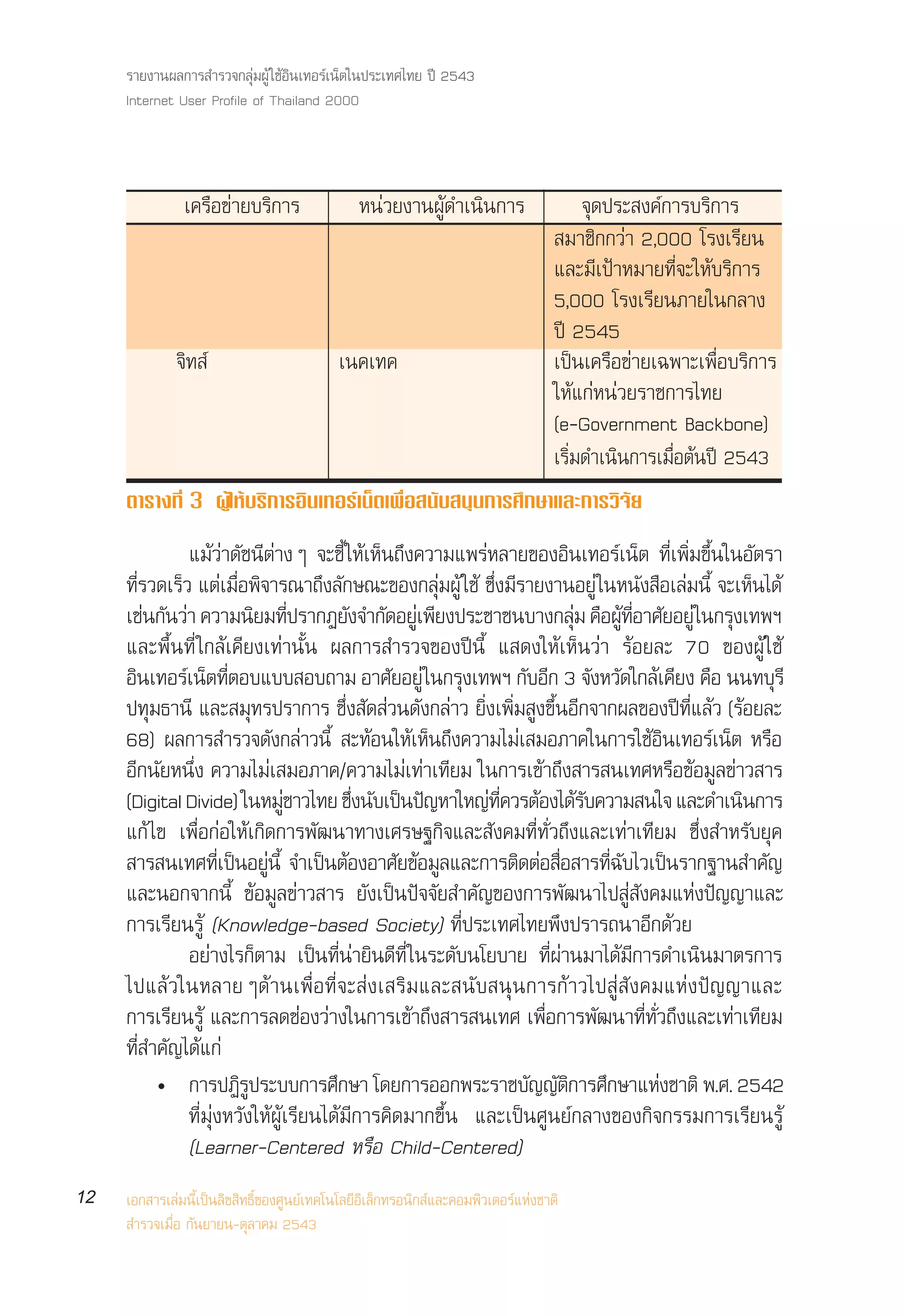 √“¬ß“πº≈°“√ ”√«®°≈ÿà¡ºŸâ „™âÕ‘π‡∑Õ√å‡πÁµ„πª√–‡∑»‰∑¬ ªï 2543
     Internet User Profile of Thailand 2000



               ‡§√◊Õ¢à“¬∫√‘°“√                 Àπà«¬ß“πºŸâ¥”‡π‘π°“√                     ®ÿ¥ª√– ß§å°“√∫√‘°“√
                                                                                    ¡“™‘°°«à“ 2,000 ‚√ß‡√’¬π
                                                                                   ·≈–¡’‡ªÑ“À¡“¬∑’Ë®–„Àâ∫√‘°“√
                                                                                   5,000 ‚√ß‡√’¬π¿“¬„π°≈“ß
                                                                                   ªï 2545
              ®‘∑ å                        ‡π§‡∑§                                  ‡ªìπ‡§√◊Õ¢à“¬‡©æ“–‡æ◊ËÕ∫√‘°“√
                                                                                   „Àâ·°àÀπà«¬√“™°“√‰∑¬
                                                                                   (e-Government Backbone)
                                                                                   ‡√‘Ë¡¥”‡π‘π°“√‡¡◊ËÕµâπªï 2543
     µ“√“ß∑’Ë 3 ºŸ„â Àâ∫√‘°“√Õ‘π‡∑Õ√å‡πÁµ‡æ◊ËÕ π—∫ πÿπ°“√»÷°…“·≈–°“√«‘®—¬

               ·¡â«à“¥—™π’µà“ßÊ ®–™’È „Àâ‡ÀÁπ∂÷ß§«“¡·æ√àÀ≈“¬¢ÕßÕ‘π‡∑Õ√å‡πÁµ ∑’Ë‡æ‘Ë¡¢÷Èπ„πÕ—µ√“
     ∑’Ë√«¥‡√Á« ·µà‡¡◊ËÕæ‘®“√≥“∂÷ß≈—°…≥–¢Õß°≈ÿà¡ºŸâ „™â ´÷Ëß¡’√“¬ß“πÕ¬Ÿà „πÀπ—ß ◊Õ‡≈à¡π’È ®–‡ÀÁπ‰¥â
     ‡™àπ°—π«à“ §«“¡π‘¬¡∑’ª√“°Ø¬—ß®”°—¥Õ¬Ÿ‡æ’¬ßª√–™“™π∫“ß°≈ÿ¡ §◊ÕºŸ∑Õ“»—¬Õ¬Ÿà „π°√ÿß‡∑æœ
                                  Ë              à                   à      â Ë’
     ·≈–æ◊Èπ∑’Ë „°≈â‡§’¬ß‡∑à“π—Èπ º≈°“√ ”√«®¢Õßªïπ’È · ¥ß„Àâ‡ÀÁπ«à“ √âÕ¬≈– 70 ¢ÕßºŸâ „™â
     Õπ‡∑Õ√‡πµ∑µÕ∫·∫∫ Õ∫∂“¡ Õ“»¬Õ¬àŸ „π°√ß‡∑æœ °∫Õ° 3 ®ßÀ«¥„°≈‡§¬ß §Õ ππ∑∫√’
      ‘       å Á Ë’                          —        ÿ       — ’ — — â ’ ◊                     ÿ
     ª∑ÿ¡∏“π’ ·≈– ¡ÿ∑√ª√“°“√ ´÷Ëß —¥ à«π¥—ß°≈à“« ¬‘Ëß‡æ‘Ë¡ Ÿß¢÷ÈπÕ’°®“°º≈¢Õßªï∑’Ë·≈â« (√âÕ¬≈–
     68) º≈°“√ ”√«®¥—ß°≈à“«π’È  –∑âÕπ„Àâ‡ÀÁπ∂÷ß§«“¡‰¡à‡ ¡Õ¿“§„π°“√„™âÕ‘π‡∑Õ√å‡πÁµ À√◊Õ
     Õ’°π—¬Àπ÷Ëß §«“¡‰¡à‡ ¡Õ¿“§/§«“¡‰¡à‡∑à“‡∑’¬¡ „π°“√‡¢â“∂÷ß “√ π‡∑»À√◊Õ¢âÕ¡Ÿ≈¢à“« “√
     (Digital Divide) „πÀ¡Ÿ™“«‰∑¬ ´÷ßπ—∫‡ªìπªí≠À“„À≠à∑§«√µâÕß‰¥â√∫§«“¡ π„® ·≈–¥”‡π‘π°“√
                                à         Ë                 ’Ë         —
     ·°â ‰¢ ‡æ◊ËÕ°àÕ„Àâ‡°‘¥°“√æ—≤π“∑“ß‡»√…∞°‘®·≈– —ß§¡∑’Ë∑—Ë«∂÷ß·≈–‡∑à“‡∑’¬¡ ´÷Ëß ”À√—∫¬ÿ§
      “√ π‡∑»∑’‡ªìπÕ¬ŸπÈ’ ®”‡ªìπµâÕßÕ“»—¬¢âÕ¡Ÿ≈·≈–°“√µ‘¥µàÕ ◊Õ “√∑’©∫‰«‡ªìπ√“°∞“π ”§—≠
                      Ë     à                                      Ë       Ë—
     ·≈–πÕ°®“°π’È ¢âÕ¡Ÿ≈¢à“« “√ ¬—ß‡ªìπªí®®—¬ ”§—≠¢Õß°“√æ—≤π“‰ª Ÿà —ß§¡·Ààßªí≠≠“·≈–
     °“√‡√’¬π√Ÿâ (Knowledge-based Society) ∑’Ëª√–‡∑»‰∑¬æ÷ßª√“√∂π“Õ’°¥â«¬
               Õ¬à“ß‰√°Áµ“¡ ‡ªìπ∑’Ëπà“¬‘π¥’∑’Ë „π√–¥—∫π‚¬∫“¬ ∑’Ëºà“π¡“‰¥â¡’°“√¥”‡π‘π¡“µ√°“√
     ‰ª·≈â«„πÀ≈“¬Ê¥â“π‡æ◊ËÕ∑’Ë®– àß‡ √‘¡·≈– π—∫ πÿπ°“√°â“«‰ª Ÿà —ß§¡·Ààßªí≠≠“·≈–
     °“√‡√’¬π√Ÿâ ·≈–°“√≈¥™àÕß«à“ß„π°“√‡¢â“∂÷ß “√ π‡∑» ‡æ◊ËÕ°“√æ—≤π“∑’Ë∑—Ë«∂÷ß·≈–‡∑à“‡∑’¬¡
     ∑’Ë ”§—≠‰¥â·°à
          ë °“√ªØ√ª√–∫∫°“√»°…“ ‚¥¬°“√ÕÕ°æ√–√“™∫≠≠µ°“√»°…“·Àß™“µ‘ æ.». 2542
                        ‘Ÿ             ÷                        — —‘ ÷           à
               ∑’Ë¡ÿàßÀ«—ß„ÀâºŸâ‡√’¬π‰¥â¡’°“√§‘¥¡“°¢÷Èπ ·≈–‡ªìπ»Ÿπ¬å°≈“ß¢Õß°‘®°√√¡°“√‡√’¬π√Ÿâ
               (Learner-Centered À√◊Õ Child-Centered)
12   ‡Õ° “√‡≈à¡π’È‡ªìπ≈‘¢ ‘∑∏‘Ï¢Õß»Ÿπ¬å‡∑§‚π‚≈¬’Õ‘‡≈Á°∑√Õπ‘° å·≈–§Õ¡æ‘«‡µÕ√å·Ààß™“µ‘
      ”√«®‡¡◊ËÕ °—π¬“¬π-µÿ≈“§¡ 2543
 