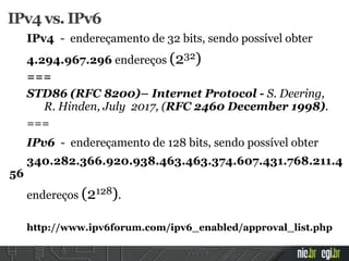 IPv4 vs. IPv6
IPv4 - endereçamento de 32 bits, sendo possível obter
4.294.967.296 endereços (232)
===
STD86 (RFC 8200)– Internet Protocol - S. Deering,
R. Hinden, July 2017, (RFC 2460 December 1998).
===
IPv6 - endereçamento de 128 bits, sendo possível obter
340.282.366.920.938.463.463.374.607.431.768.211.4
56
endereços (2128).
http://www.ipv6forum.com/ipv6_enabled/approval_list.php
 