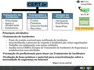 Principais atividades:
•Tratamento de Incidentes
- Ponto de contato nacional para notificação de incidentes
- Atua facilitando o processo de resposta a incidentes das várias organizações
- Trabalha em colaboração com outras entidades
- Auxilia novos CSIRTs (Grupos de Tratamento de Incidentes de Segurança) a
estabelecerem suas atividades
•Formação de profissionais para atuar em Tratamento de Incidentes
•Produção de boas práticas e material para conscientização sobre a
necessidade de segurança na Internet
https://www.cert.br
 
