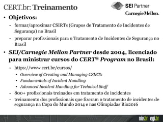 CERT.br: Treinamento
• Objetivos:
- formar/aproximar CSIRTs (Grupos de Tratamento de Incidentes de
Segurança) no Brasil
- preparar profissionais para o Tratamento de Incidentes de Segurança no
Brasil
• SEI/Carnegie Mellon Partner desde 2004, licenciado
para ministrar cursos do CERT® Program no Brasil:
- https://www.cert.br/cursos/
• Overview of Creating and Managing CSIRTs
• Fundamentals of Incident Handling
• Advanced Incident Handling for Technical Staff
- 800+ profissionais treinados em tratamento de incidentes
- treinamento dos profissionais que fizeram o tratamento de incidentes de
segurança na Copa do Mundo 2014 e nas Olimpíadas Rio2016
 