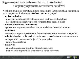 Segurançaéinerentementemultissetorial:
Cooperaçãoparaumecossistemasaudável
Nenhum grupo ou estrutura única conseguirá fazer sozinha a segurança
ou a resposta a incidentes - todos tem um papel
• universidades
-precisam incluir questões de segurança em todas as disciplinas
-desenvolvimento seguro precisa ser prioridade desde o início
• desenvolvedores / empresas
-pensar em segurança desde as etapas iniciais de desenvolvimento
• gestores
-considerar segurança como um investimento / alocar recursos adequados
• administradores de redes e sistemas e profissionais de segurança
-não permitir que emane “sujeira” de suas redes
-adotar boas práticas
• usuários
-entender os riscos e seguir as dicas de segurança
-manter seus dispositivos atualizados e tratar infecções
 