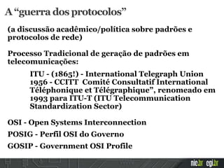 A “guerra dos protocolos”
(a discussão acadêmico/política sobre padrões e
protocolos de rede)
Processo Tradicional de gera...