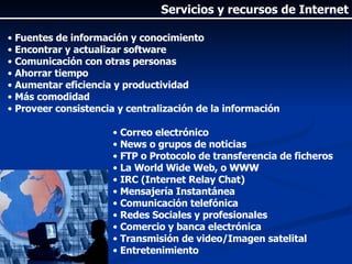 Fuentes de información y conocimiento Encontrar y actualizar software Comunicación con otras personas Ahorrar tiempo Aumentar eficiencia y productividad Más comodidad Proveer consistencia y centralización de la información Correo electrónico News o grupos de noticias FTP o Protocolo de transferencia de ficheros La World Wide Web, o WWW IRC (Internet Relay Chat) Mensajería Instantánea Comunicación telefónica Redes Sociales y profesionales Comercio y banca electrónica Transmisión de video/Imagen satelital Entretenimiento Servicios y recursos de Internet 