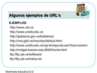 Algunos ejemplos de URL’sAlgunos ejemplos de URL’s
EJEMPLOS:
http://www.ula.ve
http://www.unefa.edu.ve
http://gobierno.gov.ve/boletines/
http://cne.gob.ve/inscritos/default.html
http://www.unefa.edu.ve/cgi-bin/apunta.exe?luis+romero
http://midget.towson.edu:8000/home.html
ftp://ftp.ula.ve/software/
ftp://ftp.ula.ve/indice.txt
Multimedia Educativa D.G
 