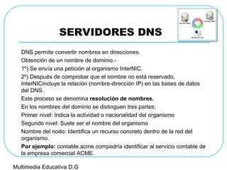 SERVIDORES DNS
DNS permite convertir nombres en direcciones.
Obtención de un nombre de dominio.-
1º) Se envía una petición al organismo InterNIC.
2º) Después de comprobar que el nombre no está reservado,
InterNICincluye la relación (nombre-dirección IP) en las bases de datos
del DNS.
Este proceso se denomina resolución de nombres.
En los nombres del dominio se distinguen tres partes:
Primer nivel: Indica la actividad o nacionalidad del organismo
Segundo nivel: Suele ser el nombre del organismo
Nombre del nodo: Identifica un recurso concreto dentro de la red del
organismo.
Por ejemplo: contable.acme.compodría identificar al servicio contable de
la empresa comercial ACME.
Multimedia Educativa D.G
 