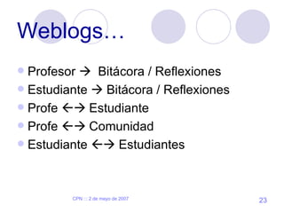 Weblogs… <ul><li>Profesor     Bitácora / Reflexiones </li></ul><ul><li>Estudiante    Bitácora / Reflexiones </li></ul><u...