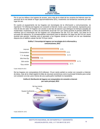 INSTITUTO NACIONAL DE ESTADÍSTICA Y GEOGRAFÍA
AGUASCALIENTES, AGS., A 17 DE MAYO DE 2013
5
Por lo que se refiere a los lugares de acceso, poco más de la mitad de los usuarios de Internet usan los
servicios de la red desde el hogar (aproximadamente 52%), mostrando una tendencia creciente por este
lugar de uso.
En cuanto al equipamiento de los hogares con tecnologías de la información y comunicaciones, se
reportaron 7.9 millones de hogares con conexión a Internet; monto, que a nivel nacional, representa poco
más de dos de cada 10 hogares con acceso a ese tipo de servicio que distingue los tiempos actuales de
modernidad, mostrando un ritmo de crecimiento anual del 19.7 por ciento durante el periodo 2006-2012,
mientras que el crecimiento de los hogares con computadora fue del 10.2 por ciento, con base en la
encuesta de referencia. El correspondiente crecimiento para la televisión de paga fue del 9.9 por ciento
durante ese periodo, mientras que el asociado a los hogares donde al menos uno de sus residentes
dispone de un teléfono celular fue del 10.9 por ciento
Fuente: MODUTIH 2012
De los hogares con computadora (9.8 millones), 18 por ciento señaló no contar con conexión a Internet;
de éstos, más de la mitad registró la falta de recursos económicos como la principal limitante para contar
con conexión a la red, poco menos de una cuarta parte manifestó no necesitarla.
Fuente: MODUTIH, 2012.
Fija y celular
Sólo celular
Sólo línea fija
T. V. de paga
Computadora
Internet
34.7 %
41.7 %
7.3 %
32.2 %
32.2%
25.9%
Gráfica 7. Porcentaje de hogares con tecnologías de la información y
comunicaciones, 2012
Falta de recursos
económicos
59%
No la necesitan
22%
Equipo insuficiente
8%
No hay interés
2%
Otro
9%
Gráfica 8. Distribución de hogares con computadora sin conexión a Internet
por razón principal, 2012
 