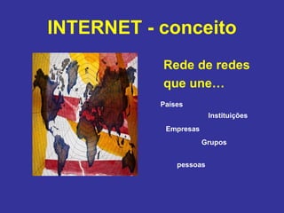 INTERNET - conceito Rede de redes  que une… Países Instituições Empresas Grupos pessoas 