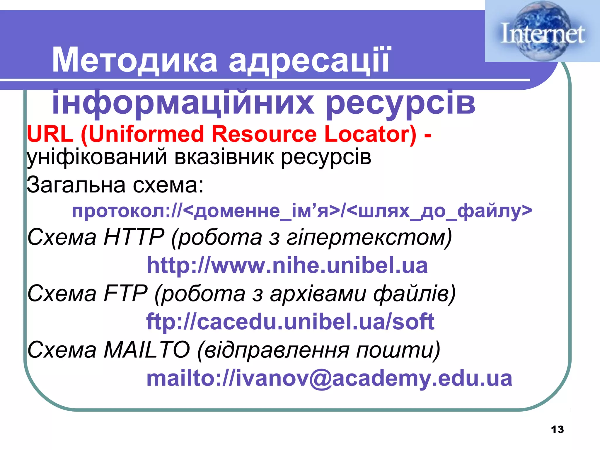 Методика адресації
інформаційних ресурсів

URL (Uniformed Resource Locator) уніфікований вказівник ресурсів
Загальна схема:

протокол://<доменне_ім’я>/<шлях_до_файлу>

Схема HTTP (робота з гіпертекстом)
http://www.nihe.unibel.ua
Схема FTP (робота з архівами файлів)
ftp://cacedu.unibel.ua/soft
Схема MAILTO (відправлення пошти)
mailto://ivanov@academy.edu.ua
13

 