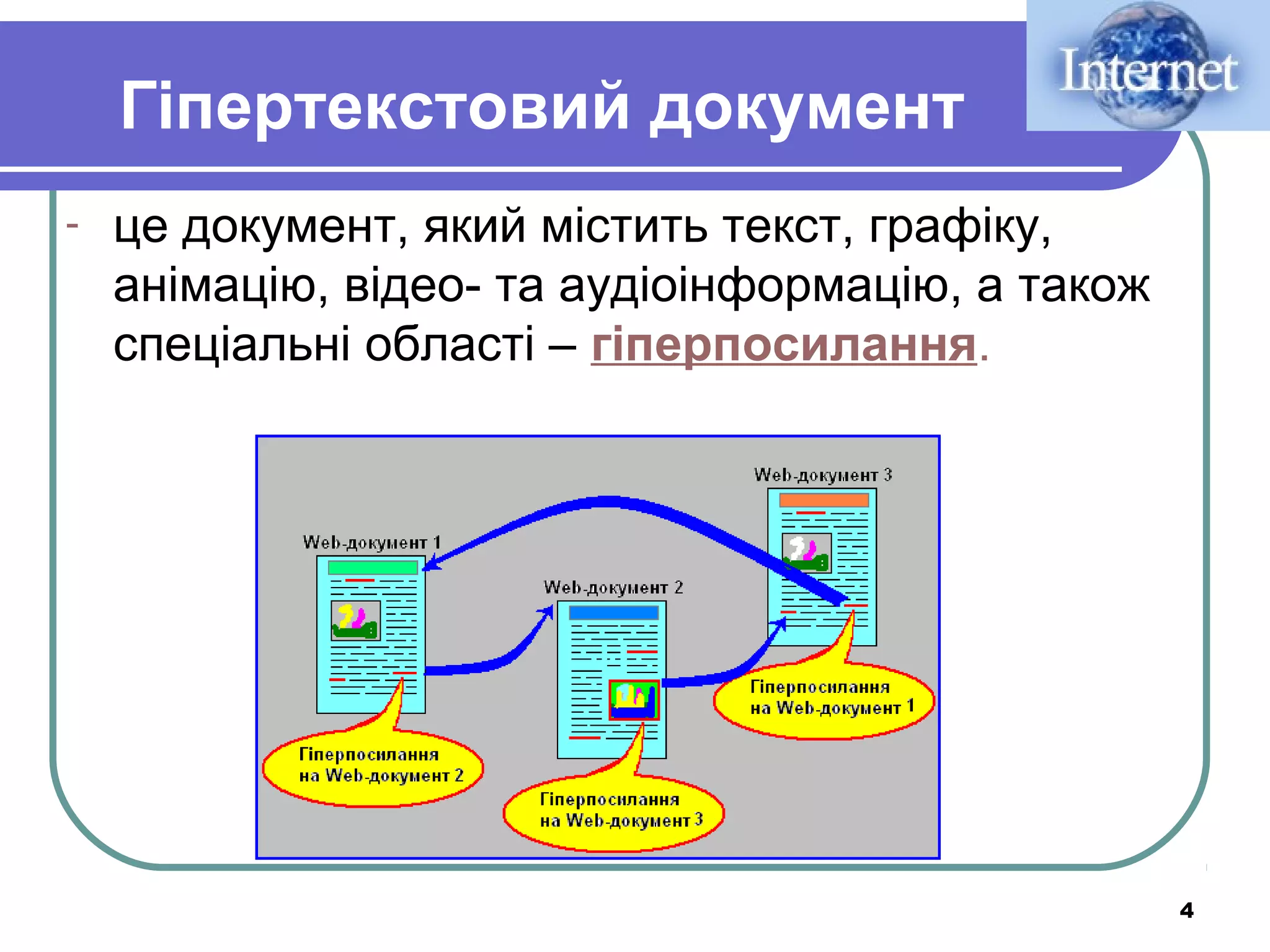 Гіпертекстовий документ
-

це документ, який містить текст, графіку,
анімацію, відео- та аудіоінформацію, а також
спеціальні області – гіперпосилання.

4

 