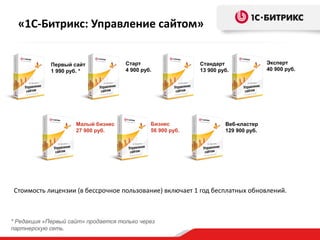 Бизнес
56 900 руб.
Старт
4 900 руб.
Эксперт
40 900 руб.
Веб-кластер
129 900 руб.
Малый бизнес
27 900 руб.
Стандарт
13 900 руб.
Первый сайт
1 990 руб. *
* Редакция «Первый сайт» продается только через
партнерскую сеть.
Стоимость лицензии (в бессрочное пользование) включает 1 год бесплатных обновлений.
«1С-Битрикс: Управление сайтом»
 