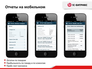 Остатки по товарам
Прибыльность по товару и по клиентам
Прайс-лист магазина
Отчеты на мобильном
 