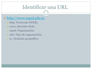 Identificar una URL 
 http://www.espol.edu.ec 
 http: Protocolo (WEB). 
 www: Servidor Web. 
 espol: Organización. 
 edu: Tipo de organización. 
 ec: Dominio geográfico. 
 