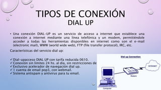 TIPOS DE CONEXIÓN
DIAL UP
• Una conexión DIAL-UP es un servicio de acceso a internet que establece una
conexión a internet mediante una línea telefónica y un modem, permitiéndole
acceder a todas las herramientas disponibles en internet como son el e-mail
(electronic mail), WWW (world wide web), FTP (file transfer protocol), IRC, etc.
Características del servicio dial up:
 Dial-upacceso DIAL UP con tarifa reducida 0610.
 Conexión sin límites 24 hs. al día, sin restricciones de horario.
 Exclusivo acelerador de navegación dial up.
 1 cuenta de email pop3, con webmail.
 Sistema antispam y antivirus para tu email.
 