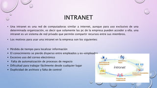 INTRANET
• Una intranet es una red de computadoras similar a internet, aunque para uso exclusivo de una
determinada organización, es decir que solamente las pc de la empresa pueden acceder a ella. una
intranet es un sistema de red privado que permite compartir recursos entre sus miembros.
• Los motivos para usar una intranet en la empresa son los siguientes:
 Pérdida de tiempo para localizar información
 El conocimiento se pierde disperso entre empleados y ex-empleados
 Excesivo uso del correo electrónico
 Falta de automatización de procesos de negocio
 Dificultad para trabajar fácilmente desde cualquier lugar
 Duplicidad de archivos y falta de control
 