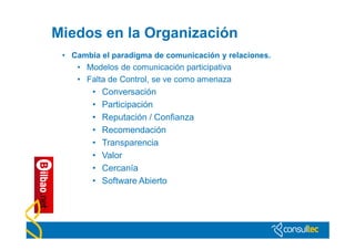 Miedos en la Organización
 • Cambia el paradigma de comunicación y relaciones.
    • Modelos de comunicación participativa
    • Falta de Control, se ve como amenaza
        •   Conversación
        •   Participación
        •   Reputación / Confianza
        •   Recomendación
        •   Transparencia
        •   Valor
        •   Cercanía
        •   Software Abierto
 