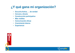¿Y qué gana mi organización?
 •   Escucha Activa, … de verdad
 •   Cercano, directo
 •   Construcción participativa
 •   Más visibles
 •   Comunicación eficaz
 •   Crecimiento Interno
 •   Experiencia
 