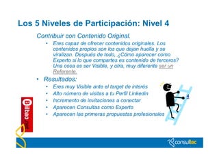 Los 5 Niveles de Participación: Nivel 4
    Contribuir con Contenido Original.
       •   Eres capaz de ofrecer contenidos originales. Los
           contenidos propios son los que dejan huella y se
           viralizan. Después de todo, ¿Cómo aparecer como
           Experto si lo que compartes es contenido de terceros?
           Una cosa es ser Visible, y otra, muy diferente ser un
           Referente.
    • Resultados:
       •   Eres muy Visible ante el target de interés
       •   Alto número de visitas a tu Perfil Linkedin             4
       •   Incremento de invitaciones a conectar
       •   Aparecen Consultas como Experto
       •   Aparecen las primeras propuestas profesionales
 