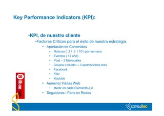 Key Performance Indicators (KPI):


     •KPI, de nuestro cliente
        •Factores Críticos para el éxito de nuestra estrategia.
            • Aportación de Contenidos
                •   Noticias ( 2 / 6 / 10 ) por semana
                •   Eventos ( 12 año)
                •   Post – 3 Mensuales
                •   Grupos Linkedin – 3 aportaciones mes
                •   Facebook
                •   Flikr
                •   Youtube
            • Aumento Visitas Web
                •   Medir en cada Elemento 2,0
            • Seguidores / Fans en Redes
 