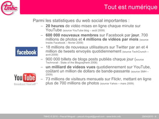 Parmi les statistiques du web social importantes : 20 heures  de vidéo mises en ligne chaque minute sur YouTube  (source YouTube blog – août 2009)‏ 600 000 nouveaux membres  sur Facebook par  jour . 700 millions de photos et  4 millions de vidéos par mois   (source Inside Facebook – février 2009)‏ 18 millions de nouveaux utilisateurs sur Twitter par an et 4 million de tweets envoyés quotidiennement  (source TechCrunch – avril 2009)‏ 900 000 billets de blogs posts publiés chaque jour ( source Technorati : State of the Blogosphere 2008)‏ un milliard de videos vues  quotidiennement sur YouTube, coûtant un million de dollars de bande-passante  (source SMH – 2009)‏ 73 millions de visiteurs mensuels sur Flickr, mettant en ligne plus de 700 millions de photos  (source Yahoo – mars 2009)‏ Tout est numérique 