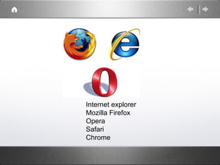 Internet explorer
Mozilla Firefox
Opera
Safari
Chrome
 