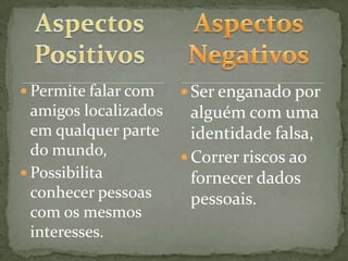Aspectos PositivosAspectos NegativosPermite falar com amigos localizados em qualquer parte do mundo,Possibilita conhecer pessoas com os mesmos interesses.Ser enganado por alguém com uma identidade falsa,Correr riscos ao fornecer dados pessoais.