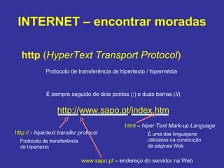 INTERNET – encontrar moradas http  ( HyperText Transport Protocol ) Protocolo de transferência de hipertexto / hipermédia É sempre seguido de dois pontos (:) e duas barras ( II ) http://www.sapo.pt/index.htm http://  -  hipertext transfer protocol Protocolo de transferência  de hipertexto www.sapo.pt  – endereço do servidor na Web html  –  hiper Text Mark-up Language É uma das linguagens  utilizadas na construção  de páginas Web 