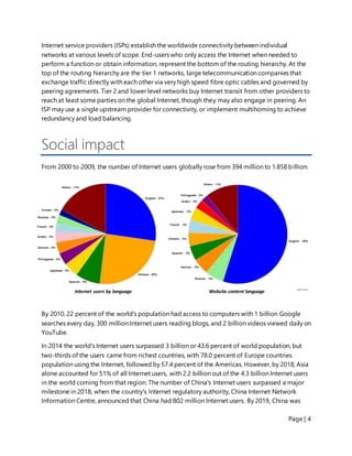 Page | 4
Internet service providers (ISPs) establish the worldwide connectivity between individual
networks at various levels of scope. End-users who only access the Internet when needed to
perform a function or obtain information, represent the bottom of the routing hierarchy. At the
top of the routing hierarchy are the tier 1 networks, large telecommunication companies that
exchange traffic directly with each other via very high speed fibre optic cables and governed by
peering agreements. Tier 2 and lower level networks buy Internet transit from other providers to
reach at least some parties on the global Internet, though they may also engage in peering. An
ISP may use a single upstream provider for connectivity, or implement multihoming to achieve
redundancy and load balancing.
Social impact
From 2000 to 2009, the number of Internet users globally rose from 394 million to 1.858 billion.
By 2010, 22 percent of the world's population had access to computers with 1 billion Google
searches every day, 300 million Internet users reading blogs, and 2 billion videos viewed daily on
YouTube.
In 2014 the world's Internet users surpassed 3 billion or 43.6 percent of world population, but
two-thirds of the users came from richest countries, with 78.0 percent of Europe countries
population using the Internet, followed by 57.4 percent of the Americas. However, by 2018, Asia
alone accounted for 51% of all Internet users, with 2.2 billion out of the 4.3 billion Internet users
in the world coming from that region. The number of China's Internet users surpassed a major
milestone in 2018, when the country's Internet regulatory authority, China Internet Network
Information Centre, announced that China had 802 million Internet users. By 2019, China was
Internet users by language Website content language
 